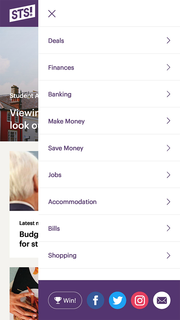 screenshot of the mobile menu open