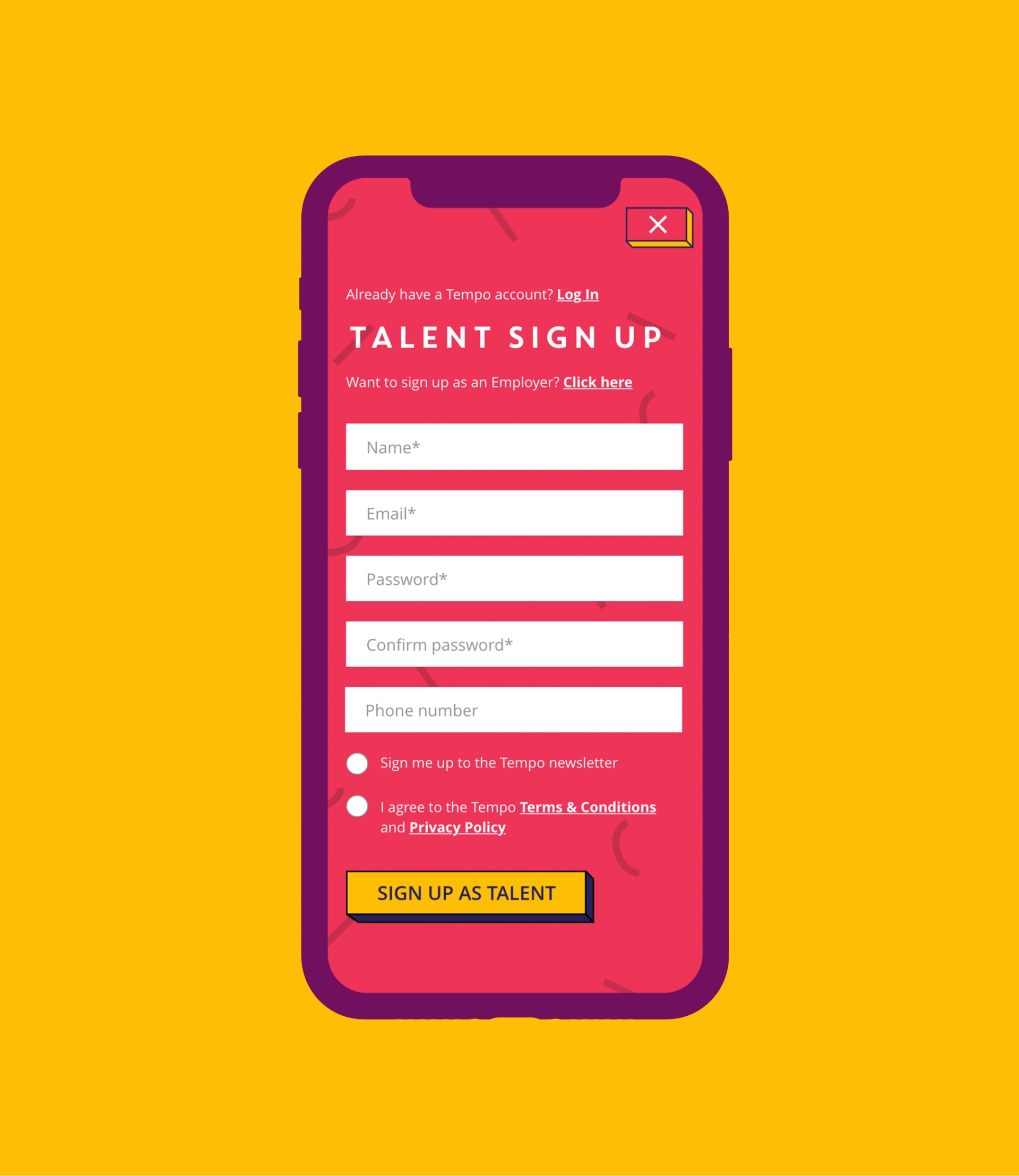 Talent Sign Up form for tempo on a mobile phone