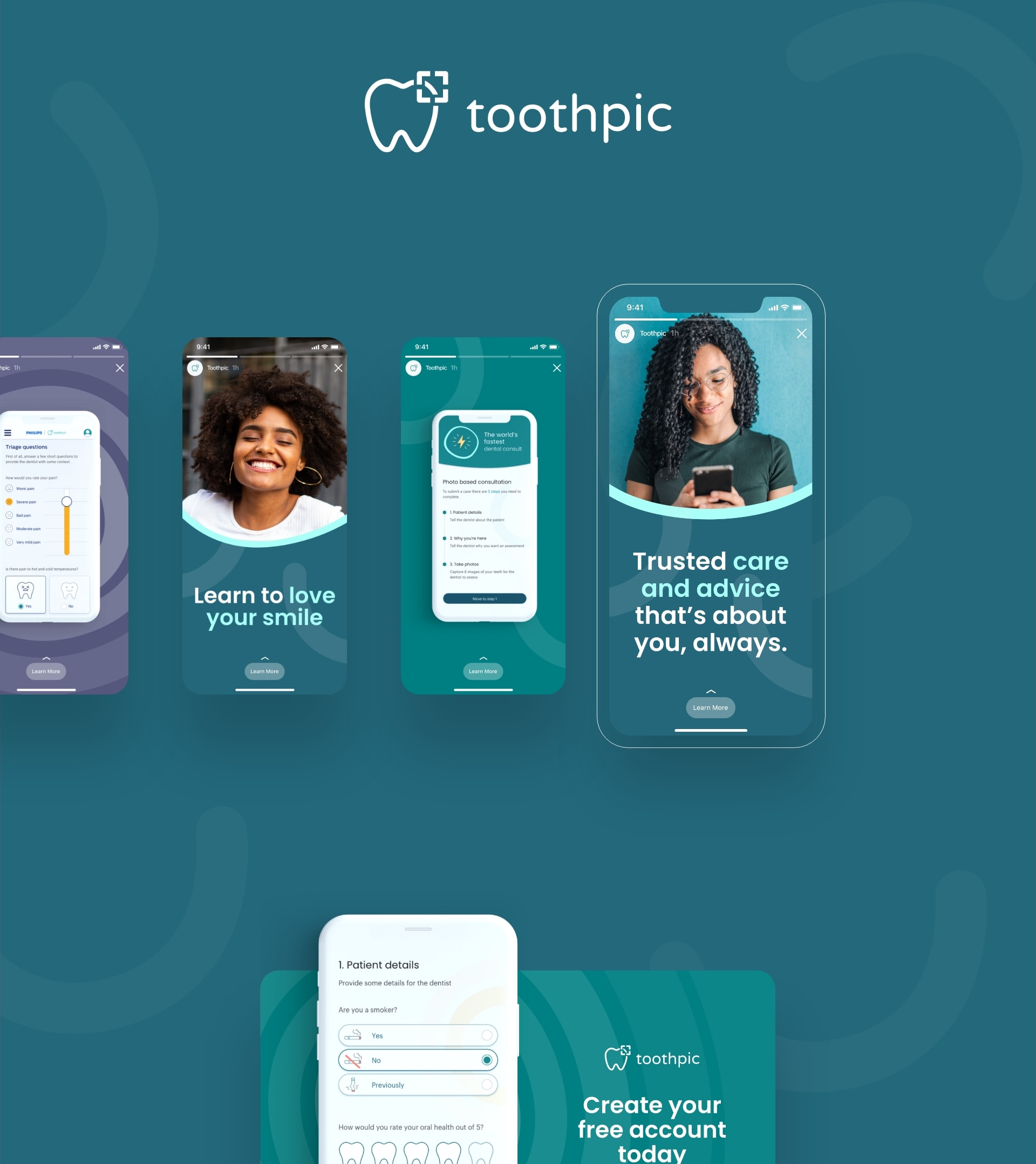 Toothpic branded app screens